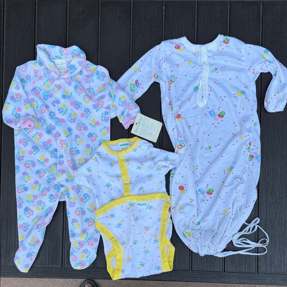 Vintage lot of 3 Newborn One-piece Outfits w/ Playful Patterns